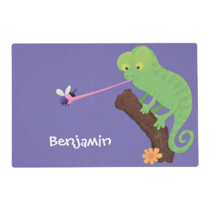 Cute funny green happy chameleon lizard cartoon placemat