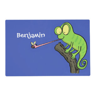 Cute funny green happy chameleon lizard cartoon placemat