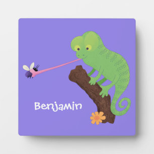 Cute funny green happy chameleon lizard cartoon plaque