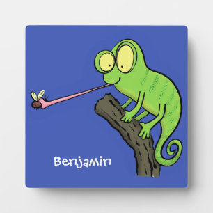 Cute funny green happy chameleon lizard cartoon plaque