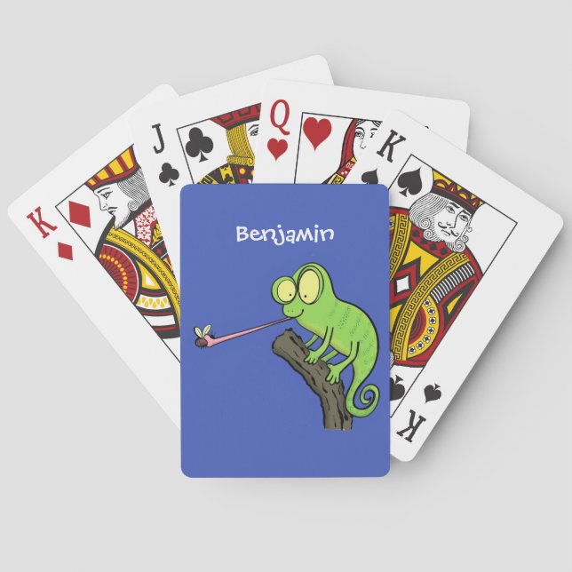 Cute funny green happy chameleon lizard cartoon poker cards (Back)
