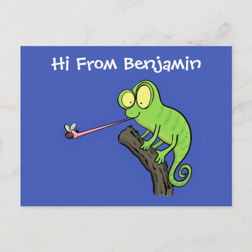 Cute funny green happy chameleon lizard cartoon postcard