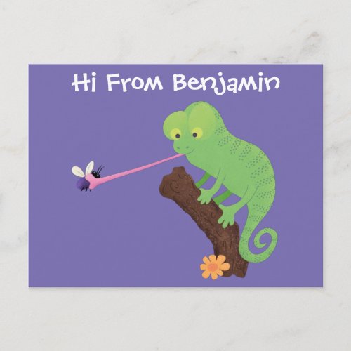 Cute funny green happy chameleon lizard cartoon postcard