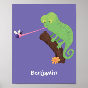 Cute funny green happy chameleon lizard cartoon poster