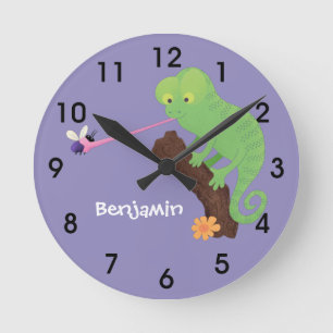 Cute funny green happy chameleon lizard cartoon round clock