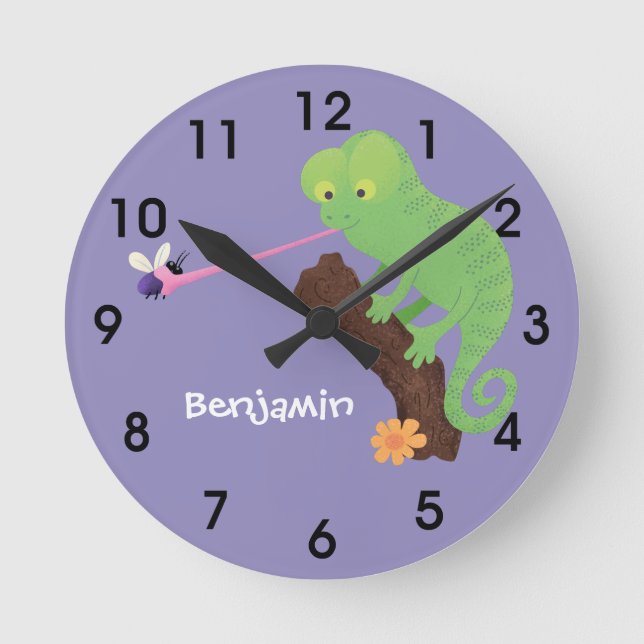 Cute funny green happy chameleon lizard cartoon round clock (Front)