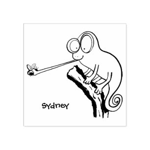 Cute funny green happy chameleon lizard cartoon rubber stamp