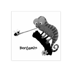 Cute funny green happy chameleon lizard cartoon rubber stamp