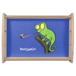 Cute funny green happy chameleon lizard cartoon serving tray