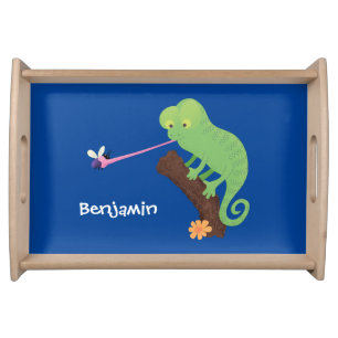 Cute funny green happy chameleon lizard cartoon serving tray