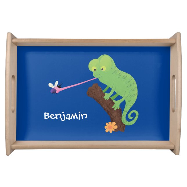 Cute funny green happy chameleon lizard cartoon serving tray (Front)