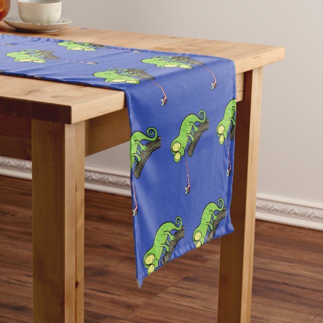 Cute funny green happy chameleon lizard cartoon short table runner (In Situ)
