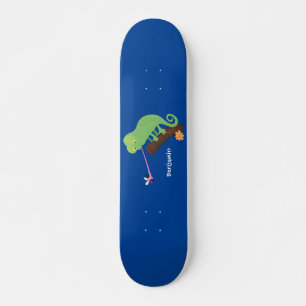 Cute funny green happy chameleon lizard cartoon skateboard