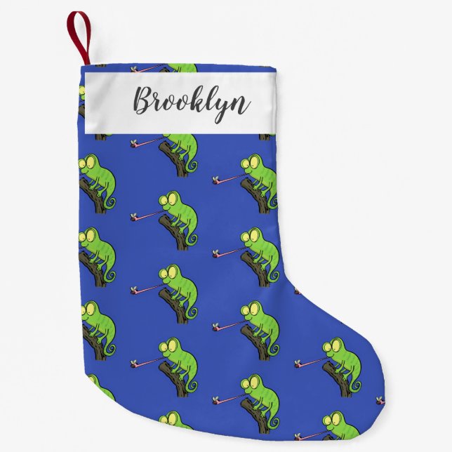 Cute funny green happy chameleon lizard cartoon small christmas stocking (Front)
