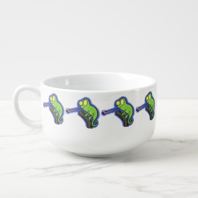 Cute funny green happy chameleon lizard cartoon soup mug (Right)