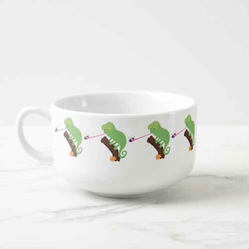 Cute funny green happy chameleon lizard cartoon soup mug