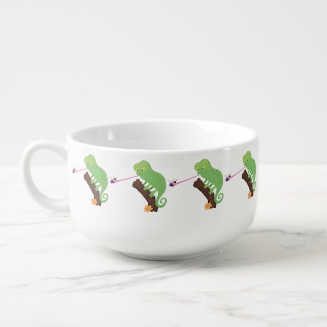 Cute funny green happy chameleon lizard cartoon soup mug (Right)