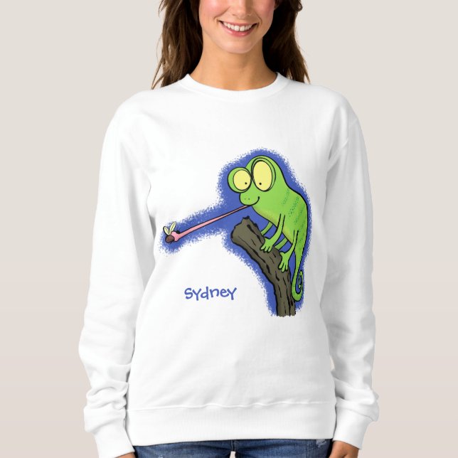 Cute funny green happy chameleon lizard cartoon sweatshirt (Front)