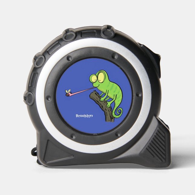 Cute funny green happy chameleon lizard cartoon tape measure (Front)