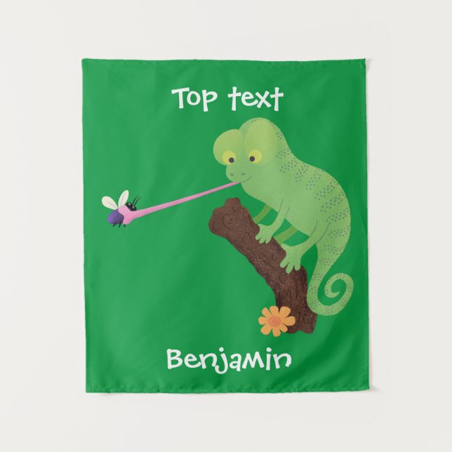 Cute funny green happy chameleon lizard cartoon  tapestry (Front)