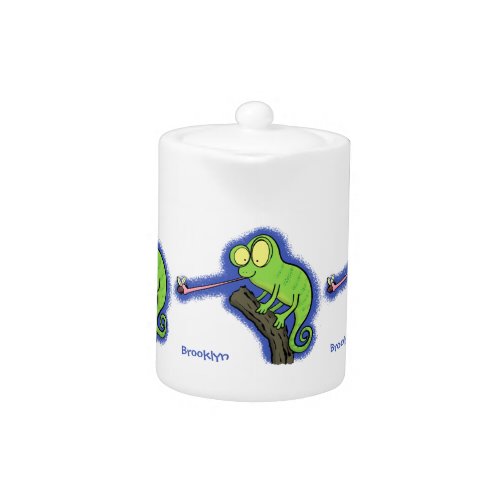 Cute funny green happy chameleon lizard cartoon teapot