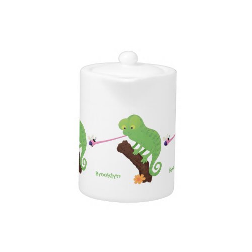 Cute funny green happy chameleon lizard cartoon teapot