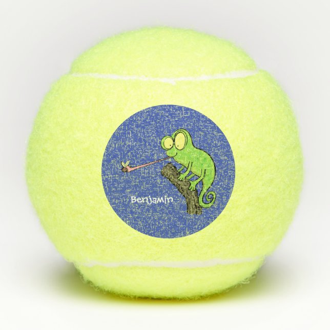 Cute funny green happy chameleon lizard cartoon tennis balls (Front)