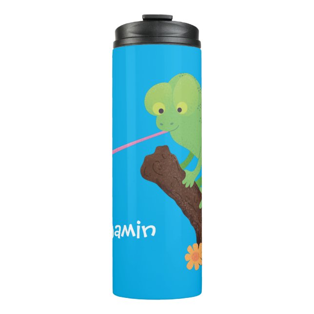 Cute funny green happy chameleon lizard cartoon thermal tumbler (Front)
