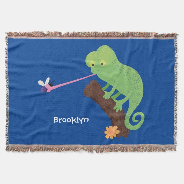 Cute funny green happy chameleon lizard cartoon throw blanket (Front)