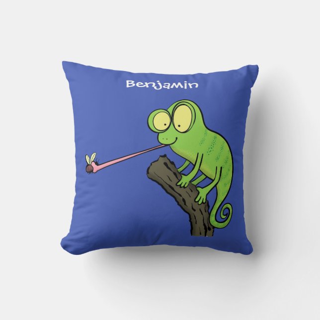 Cute funny green happy chameleon lizard cartoon throw pillow (Front)