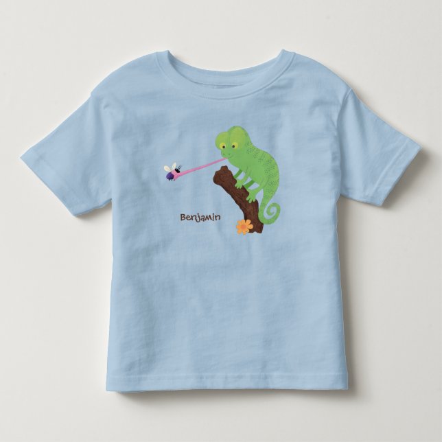Cute funny green happy chameleon lizard cartoon toddler t-shirt (Front)