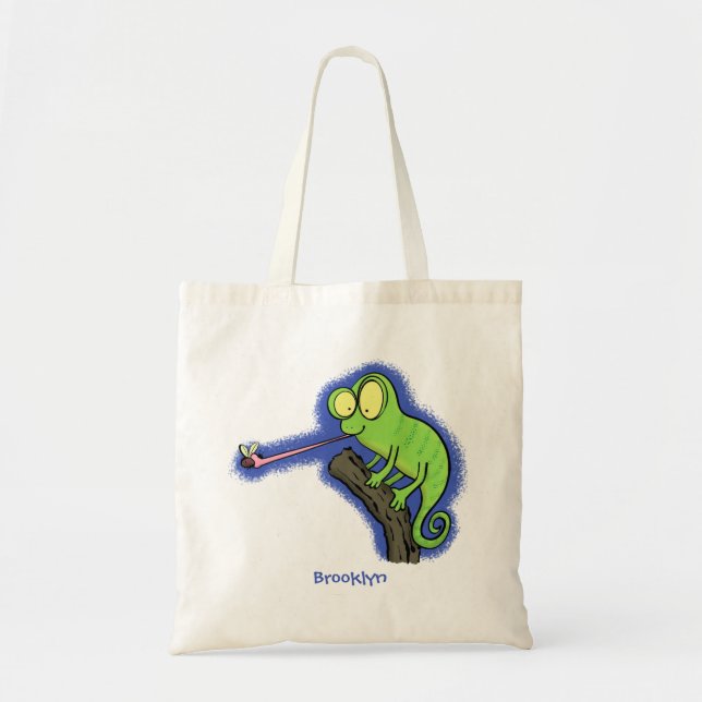 Cute funny green happy chameleon lizard cartoon tote bag (Front)