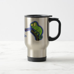 Cute funny green happy chameleon lizard cartoon travel mug