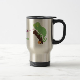 Cute funny green happy chameleon lizard cartoon travel mug