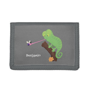 Cute funny green happy chameleon lizard cartoon tri-fold wallet