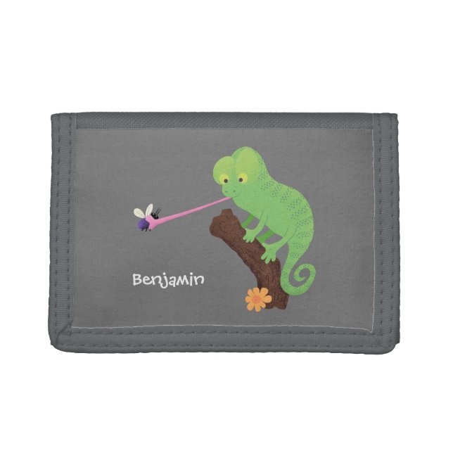 Cute funny green happy chameleon lizard cartoon trifold wallet (Front)