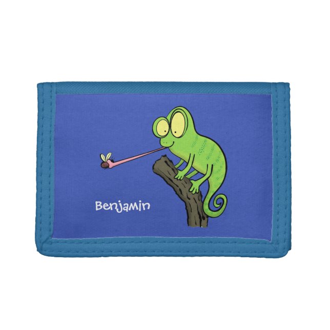 Cute funny green happy chameleon lizard cartoon trifold wallet (Front)
