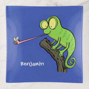 Cute funny green happy chameleon lizard cartoon trinket tray