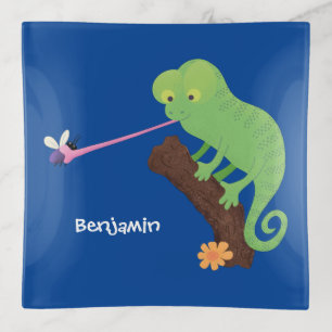 Cute funny green happy chameleon lizard cartoon trinket tray