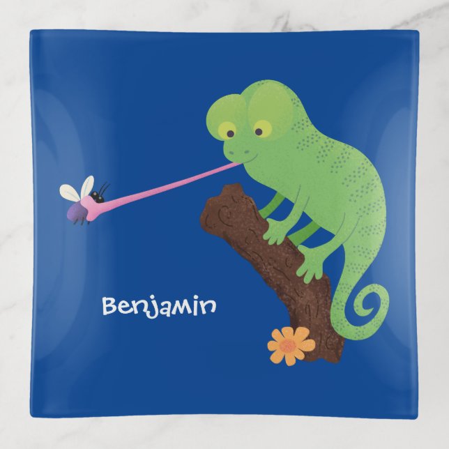 Cute funny green happy chameleon lizard cartoon trinket tray (Front)
