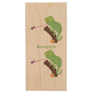 Cute funny green happy chameleon lizard cartoon wood flash drive