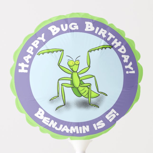 Cute funny green praying mantis cartoon birthday balloon (Front)