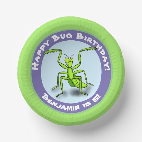Cute funny green praying mantis cartoon birthday paper bowls