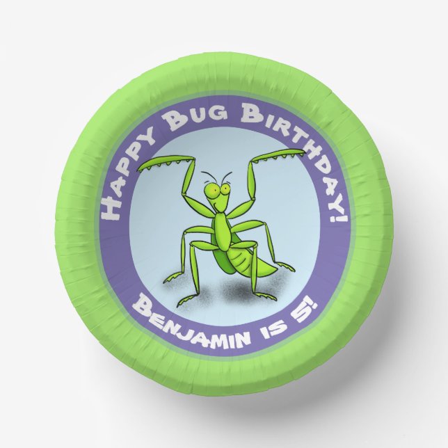 Cute funny green praying mantis cartoon birthday paper bowls (Front)