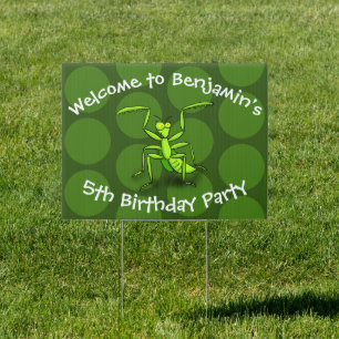 Cute funny green praying mantis cartoon sign
