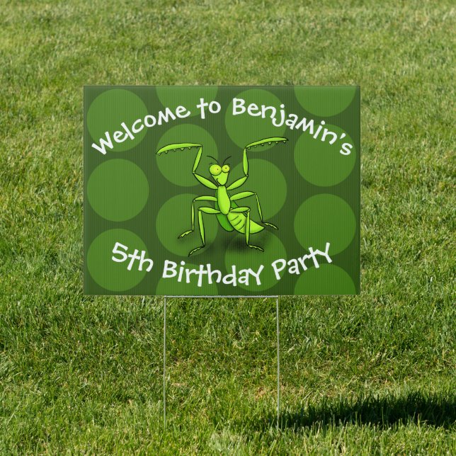 Cute funny green praying mantis cartoon sign (Insitu)