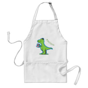 Cute funny green t rex dinosaur cartoon adult apron