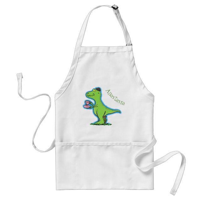 Cute funny green t rex dinosaur cartoon adult apron (Front)