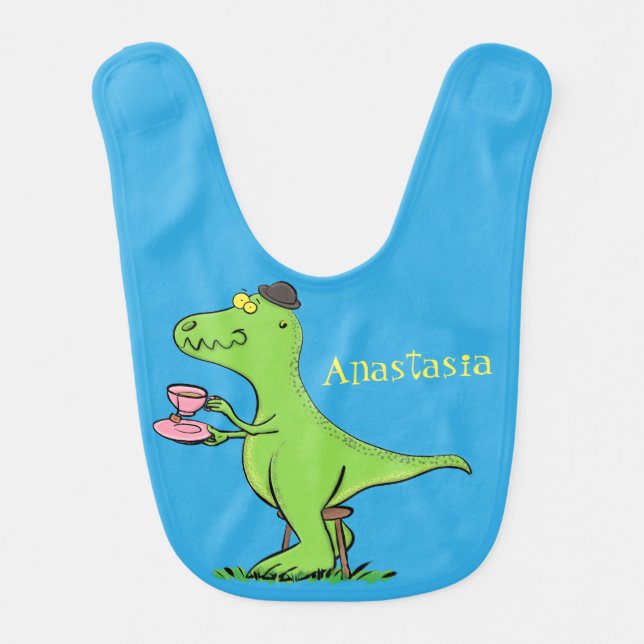 Cute funny green t rex dinosaur cartoon baby bib (Front)