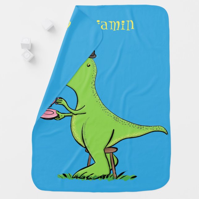 Cute funny green t rex dinosaur cartoon baby blanket (In Situ)
